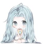  :o ahoge bangs bare_legs bare_shoulders barefoot blue_eyes blue_hair blush chibi collarbone commentary_request cottontailtokki dress eyebrows_visible_through_hair forehead full_body granblue_fantasy hands_on_lap lyria_(granblue_fantasy) parted_bangs parted_lips sitting solo strapless strapless_dress wariza white_background white_dress 