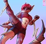  2018 abs angery bra clothing conditional_dnp digital_media_(artwork) female fish furry_ergonomics hair hi_res kawfee kick marine muscular muscular_female piercing pink_eyes pink_hair scar shark shorts simple_background sports_bra standing thick_tail thick_thighs underwear wounded 