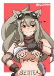  absurdres animal_ears bangs blush body_writing breasts cleavage commentary english_commentary fox_ears fox_tail gloves goggles green_eyes hair_flaps halter_top halterneck highres large_breasts lily_the_mechanic long_hair looking_at_viewer lost_pause navel smile solo tail twitter_username underboob ysui0000 