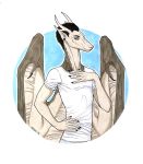  2016 5_fingers anisis anthro black_hair brown_eyes clothed clothing hair male membranous_wings smile solo traditional_media_(artwork) unknown_species wings 