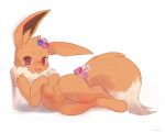  2018 ambiguous_gender ancesra blush brown_fur chest_tuft dipstick_tail eevee feral flower fur hi_res lying mammal multicolored_tail nintendo nude on_side open_mouth plant pok&eacute;mon pok&eacute;mon_(species) reclining simple_background solo tuft video_games white_background 