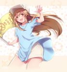  arm_up baseball_cap blonde_hair blue_shirt blush breasts commentary cowboy_shot english english_commentary flag gainoob hat hataraku_saibou long_hair looking_at_viewer meme no_symbol open_mouth orange_eyes oversized_clothes oversized_shirt platelet_(hataraku_saibou) shirt short_sleeves shorts small_breasts smile solo white_shorts wind wind_lift 