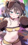  1girl :p absurdres ahoge animal_ears animal_hands aqua_eyes ayaoshiro blush breasts brown_hair choker cleavage_cutout clothing_cutout collarbone dog_ears fake_animal_ears gloves highres hololive looking_at_viewer loungewear natsuiro_matsuri natsuiro_matsuri_(matsuri&#039;s_day_off) navel official_alternate_costume open_clothes paw_gloves red_choker short_shorts shorts small_breasts solo stomach strapless tongue tongue_out tube_top virtual_youtuber yellow_shorts yellow_tube_top 