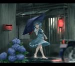  blue_eyes blue_hair blue_skirt blue_umbrella blue_vest cross-laced_clothes flower geta heterochromia highres holding holding_umbrella hydrangea juliet_sleeves karakasa_obake lantern leaf long_sleeves mailbox_(incoming_mail) paper_lantern puffy_sleeves rain red_eyes sandals shirt short_hair skirt solo tatara_kogasa tongue touhou umbrella vest white_shirt window yukitourou 