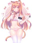  animal_ears bangs bell bell_collar bra breasts cat cat_ears cat_lingerie cat_tail cleavage collar commission crepe eating food food_themed_hair_ornament fruit hair_between_eyes hair_ornament highres lingerie long_hair meme_attire navel orange_eyes orange_hair original panties peach peach_hair_ornament shouu-kun solo tail thighhighs underwear yuzuki_airi 