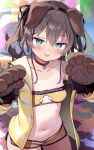  1girl :p absurdres ahoge animal_ears animal_hands aqua_eyes ayaoshiro blush breasts brown_hair choker cleavage_cutout clothing_cutout collarbone cowboy_shot dog_ears dog_tail fake_animal_ears fake_tail gloves heart heart_choker highres hololive horizontal-striped_clothes jacket looking_at_viewer loungewear natsuiro_matsuri natsuiro_matsuri_(matsuri&#039;s_day_off) navel official_alternate_costume one-piece_tan open_clothes open_jacket paint_splatter paw_gloves red_choker short_shorts shorts single_bare_shoulder single_off_shoulder small_breasts solo stomach strapless tail tan tanlines tongue tongue_out tube_top twintails upper_body virtual_youtuber yellow_jacket yellow_shorts yellow_tube_top 