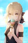  artoria_pendragon_(all) artoria_pendragon_(swimsuit_rider_alter) bad_id bad_pixiv_id bangs black_bow blonde_hair blush bow braid breasts center_opening commentary day fate/grand_order fate_(series) food french_braid hair_between_eyes hair_bow highres ice_cream looking_at_viewer medium_breasts nasii ocean one-piece_swimsuit short_hair sky solo swimsuit upper_body water yellow_eyes 