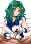  1girl bar_censor bishoujo_senshi_sailor_moon blue_eyes blush breasts censored choker collarbone commentary_request covered_nipples gabri-l gloves green_hair hetero kaiou_michiru large_breasts looking_at_viewer out_of_character penis sailor_neptune sailor_senshi_uniform smile 