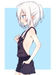  blue_background blue_eyes flat_chest hand_in_pocket higashi_shino naked_overalls original overall_shorts overalls pointy_ears profile short_hair short_ponytail simple_background solo sweat white_hair 