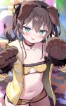  1girl :p absurdres ahoge animal_ears animal_hands aqua_eyes ayaoshiro blush breasts brown_hair choker cleavage_cutout clothing_cutout collarbone commentary_request cowboy_shot dog_ears dog_tail fake_animal_ears fake_tail gloves heart heart_choker highres hololive horizontal-striped_clothes jacket looking_at_viewer loungewear natsuiro_matsuri natsuiro_matsuri_(matsuri&#039;s_day_off) navel official_alternate_costume open_clothes open_jacket paint_splatter paw_gloves red_choker short_shorts shorts single_bare_shoulder single_off_shoulder small_breasts solo stomach strapless tail tongue tongue_out tube_top twintails upper_body virtual_youtuber yellow_jacket yellow_shorts yellow_tube_top 
