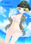  ass_visible_through_thighs beach bikini blonde_hair blue_sky blurry blurry_background bottle bow_bikini breasts brown_eyes cleavage cloud cloudy_sky commentary dated day depth_of_field english erwin_(girls_und_panzer) frilled_bikini frills girls_und_panzer giving goggles goggles_on_headwear green_hat happy_birthday hat highres holding holding_bottle lens_flare looking_at_viewer lowleg lowleg_bikini medium_breasts military_hat navel open_mouth outdoors peaked_cap pointy_hair ramune ryochapu short_hair side-tie_bikini skindentation sky smile solo sparkle standing swimsuit thigh_strap white_bikini 