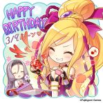  artist_request blonde_hair blush bottle bow breasts chibi cleavage closed_eyes company_name fingerless_gloves flower gift gloves grin hair_between_eyes hair_flower hair_ornament hairband hands_clasped happy_birthday heart highres jewelry long_hair luin_(phantom_of_the_kill) multiple_girls official_art open_mouth own_hands_together perfume perfume_bottle phantom_of_the_kill ponytail purple_bow rhongomyniad_(phantom_of_the_kill) silver_hair smile sparkle 