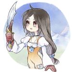  1girl artist_name black_choker bodysuit border breasts brown_eyes brown_hair choker crystal dagger final_fantasy final_fantasy_ix garnet_til_alexandros_xvii gloves hair_tie holding holding_dagger holding_knife holding_weapon jewelry juliet_sleeves knife light_blush long_hair long_sleeves low-tied_long_hair megsuri mountain orange_bodysuit outdoors parted_bangs parted_lips pendant puffy_long_sleeves puffy_sleeves red_gloves small_breasts solo thigh_strap underbust upper_body weapon white_border 