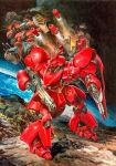  1980s_(style) asteroid axis_(gundam) beam_rifle char&#039;s_counterattack earth_(planet) energy_gun gundam in_orbit jagd_doga_quess_custom mecha mobile_suit no_humans official_art painting_(medium) planet promotional_art realistic retro_artstyle robot sazabi scan shield space takani_yoshiyuki traditional_media weapon 