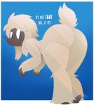  2018 ambiguous_gender anthro bent_over big_butt blue_eyes butt canine dialogue fur furfrou mammal nintendo pok&eacute;mon pok&eacute;mon_(species) potoobrigham presenting presenting_hindquarters raised_tail video_games white_fur 