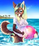  adorableinall areola beach bottomless canine cara_shrike cloakedthief clothed clothing female mammal nipple_piercing nipples piercing pussy sea seaside shirt solo water wet_shirt wolf 