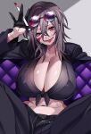  1girl absurdres assassin bikini bikini_visible_through_clothes black_bikini black_pants blood blood_on_face breasts brown_hair cleavage commentary couch eyewear_on_head highres holding holding_scalpel holding_weapon hz_(666v) mafia navel open_fly original pants piercing red_eyes round_eyewear scalpel see-through see-through_shirt shirt sitting spread_legs stitched_neck stitches sunglasses swimsuit symbol-only_commentary tongue tongue_out tongue_piercing weapon 