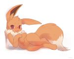  2018 ambiguous_gender ancesra blush brown_fur chest_tuft dipstick_tail eevee feral fur hi_res lying mammal multicolored_tail nintendo nude on_side open_mouth pok&eacute;mon pok&eacute;mon_(species) reclining simple_background solo tuft video_games white_background 