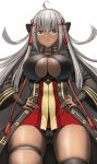  ahoge arisku black_bow black_coat black_panties bow breasts cleavage_cutout commentary covered_nipples dark_skin dress fate/grand_order fate_(series) hair_between_eyes hands_on_hips japanese_clothes large_breasts long_coat long_hair looking_at_viewer okita_souji_(alter)_(fate) okita_souji_(fate)_(all) open_mouth panties pantyshot pantyshot_(standing) red_dress short_dress single_thighhigh solo standing tassel thigh_strap thighhighs underboob underwear white_hair yellow_eyes 