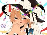  blonde_hair blush braid confetti hair_ribbon happy_birthday hat head_rest hosomitimiti kirisame_marisa looking_at_viewer ribbon short_hair single_braid solo touhou upper_body witch_hat yellow_eyes 