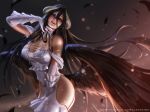  albedo black_hair breasts cleavage dress elbow_gloves gloves horns liang_xing long_hair overlord realistic watermark wings yellow_eyes 