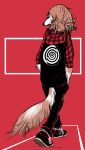  2018 abstract_background ambiguous_gender anthro canine clothed clothing dog eyes_closed hand_in_pocket mammal nobby_(artist) plaid rear_view solo standing walking 