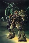  1980s_(style) english_commentary gun gundam highres looking_at_viewer machine_gun mecha mobile_suit mobile_suit_gundam nebula no_humans one-eyed ookawara_kunio painting_(medium) red_eyes retro_artstyle robot rx-78-2 scan science_fiction shield shoulder_spikes space spikes starry_background traditional_media v-fin weapon zaku_ii zeon zero_gravity 