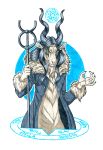  2016 5_fingers anisis anthro blue_eyes caprine clothed clothing curved_horn goat holding_object male mammal smile solo staff traditional_media_(artwork) 
