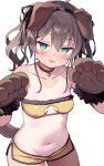  1girl :p absurdres ahoge animal_ears animal_hands aqua_eyes ayaoshiro blush breasts brown_hair choker cleavage_cutout clothing_cutout collarbone dog_ears fake_animal_ears gloves highres hololive looking_at_viewer loungewear natsuiro_matsuri natsuiro_matsuri_(matsuri&#039;s_day_off) navel official_alternate_costume paw_gloves red_choker short_shorts shorts simple_background small_breasts solo stomach strapless tongue tongue_out tube_top virtual_youtuber white_background yellow_shorts yellow_tube_top 