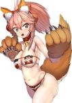  animal_ear_fluff animal_ears bell bell_collar bikini breasts cat_hair_ornament cat_paws cleavage collar eyepatch_bikini fangs fate/grand_order fate_(series) fox_ears fox_tail gloves groin hair_ornament hair_ribbon highres jingle_bell large_breasts long_hair looking_at_viewer navel open_mouth paw_gloves paws pink_hair ponytail red_ribbon ribbon sikijou77o simple_background solo swimsuit tail tamamo_(fate)_(all) tamamo_cat_(fate) white_background yellow_eyes 