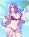  absurdres artist_name bikini blue_sky breasts camilla_(fire_emblem_if) cleavage commentary cowboy_shot curvy day english_commentary enlay fire_emblem fire_emblem_heroes hair_ornament hair_over_one_eye hair_twirling highres large_breasts lips long_hair looking_at_viewer navel pale_skin parted_lips sarong signature sky smile solo swimsuit thick_thighs thighs very_long_hair watermark wavy_hair wide_hips 