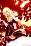  bangs bare_shoulders blonde_hair breasts cleavage collarbone dress elbow_gloves falling_feathers fangs feather_trim fur_trim gloves glowing haru12saku4733 kiss-shot_acerola-orion_heart-under-blade knee_up large_breasts long_hair looking_at_viewer monogatari_(series) older parted_lips pointy_ears red_dress sitting strapless strapless_dress swept_bangs thighhighs vampire very_long_hair yellow_eyes 