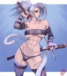  abs artist_name bandeau black_panties breasts contrapposto cowboy_shot fishnet_legwear fishnets grey_lipstick grey_skin highres katana large_breasts lips long_hair looking_at_viewer navel ogami original panties parted_lips ponytail red_eyes revealing_clothes scar sheath silver_hair snake stitches sword thighhighs underwear unsheathing weapon 