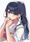  1girl black_hair blue_eyes blush dot_nose hair_between_eyes half_updo hands_on_own_chin head_rest highres holding holding_pencil hoshino_ichika_(project_sekai) long_bangs long_sleeves looking_at_viewer mechanical_pencil neckerchief own_hands_together parted_lips pencil ponytail project_sekai red_neckerchief sailor_collar school_uniform serafuku shirt sidelocks simple_background solo uminokaisen upper_body white_background white_sailor_collar white_shirt 
