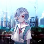  absurdres arm_sling ayanami_rei bandage_over_one_eye bandaged_arm bandages bangs bee_doushi blue_hair blue_skirt blue_sky building cast collarbone collared_shirt commentary crane day head_tilt highres looking_at_viewer neck_ribbon neon_genesis_evangelion outdoors parted_lips red_eyes red_ribbon ribbon shirt short_sleeves signature skirt sky skyscraper solo telephone_pole white_shirt 