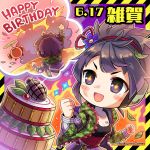  armband artist_request barcode_tattoo belt black_tank_top blush_stickers cake camouflage camouflage_jacket chibi company_name dirty_face explosion explosive food green_jacket grenade happy_birthday highres imagining jacket leaf official_art phantom_of_the_kill purple_eyes purple_hair saiga_(phantom_of_the_kill) short_hair sparkle symbol-shaped_pupils tattoo thought_bubble 