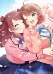  2girls ;d ^_^ ahoge artist_name binchou_maguro blazer blue_overskirt blue_ribbon blue_skirt blush brown_cardigan brown_hair cardigan cherry_blossoms closed_eyes commentary_request double_bun falling_petals gakuen_idolmaster grin hair_bun hanami_saki hanami_ume hatsuboshi_gakuen_school_uniform highres hug hug_from_behind idolmaster jacket long_hair long_sleeves looking_at_another multiple_girls neck_ribbon one_eye_closed outdoors petals pink_jacket pleated_skirt ribbon school_uniform shirt siblings sisters skirt smile white_shirt 