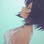  akagi_(fmttps) bare_shoulders black_hair commentary dark_skin expressionless eyebrows_visible_through_hair face from_side girls_und_panzer green_eyes hoshino_(girls_und_panzer) lips looking_up short_hair simple_background solo teal_background upper_body 