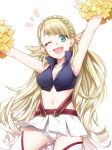  armpits blonde_hair blush braid cheerleader fire_emblem fire_emblem_heroes green_eyes kishiro_az long_hair looking_at_viewer midriff navel open_mouth sharena simple_background smile solo 