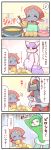  apron bisharp bookshelf bowl comic commentary_request cooking eating food gallade highres malasada mienshao musical_note no_humans pokemon sougetsu_(yosinoya35) table translated weavile wok 