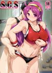  1boy 1girl asamiya_athena breasts cum cum_on_body cum_on_lower_body curvy female hetero image_sample large_breasts long_hair looking_at_viewer midriff pixiv_sample purple_eyes purple_hair shiny sweat the_king_of_fighters thong 