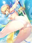  armpits artoria_pendragon_(all) artoria_pendragon_(swimsuit_archer) ass bangs bikini blonde_hair blue_bow blue_ribbon blue_sky bow braid breasts cape cloud cloudy_sky day excalibur fate/grand_order fate_(series) french_braid fur-trimmed_cape fur_trim green_cape green_eyes hair_bow hair_bun hair_ribbon halterneck highres lens_flare looking_at_viewer looking_back medium_breasts ocean open_mouth outdoors ribbon sidelocks sky solo sun swimsuit teeth vivivivi water_gun wet white_bikini 