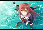  :d ahoge black_serafuku blush breasts brown_eyes brown_hair commentary_request eyebrows_visible_through_hair fingerless_gloves gloves hair_between_eyes hair_flaps hairband kantai_collection letterboxed long_hair looking_at_viewer looking_up medium_breasts neckerchief ocean open_mouth outdoors red_hairband red_neckwear remodel_(kantai_collection) school_uniform serafuku shiratsuyu_(kantai_collection) smile solo standing standing_on_liquid thighhighs v-shaped_eyebrows whistle yukichi_(eikichi) 