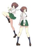  blouse brown_eyes brown_hair commentary_request fighting_stance girls_und_panzer green_skirt highres ikomochi looking_at_viewer messy_hair ooarai_school_uniform pleated_skirt school_uniform serafuku skirt white_blouse 