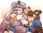  2017 4_fingers alcohol anthro backwards_baseball_cap badger baseball_cap beverage can clothed clothing crazy-go-lucky_(artist) drinking drunk duo facial_hair hat hyena keg male mammal muscular muscular_male mustelid navel nipples pants pecs shorts simple_background sitting thumbs_up tongue tongue_out topless 
