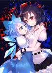  :d abstract_background arms_around_waist artist_name aya_(aya_op10s) belt black_background black_hair black_skirt blue_bow blue_dress blue_eyes blue_hair blush bound bound_wrists bow breasts cirno cleavage colored_eyelashes commentary_request dress eye_contact eyebrows_visible_through_hair frilled_skirt frills hair_between_eyes hair_bow hat head_to_head hickey highres hug ice ice_wings light_particles looking_at_another multiple_girls open_clothes open_mouth open_shirt petticoat pinafore_dress puffy_short_sleeves puffy_sleeves red_eyes shameimaru_aya shirt short_hair short_sleeves skirt small_breasts smile sparkle tokin_hat touhou untucked_shirt untying upper_body white_shirt wings yuri 