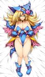  1girl blonde_hair breasts curvy dakimakura dark_magician_girl duel_monster female full_body green_eyes hair_over_breasts hat huge_breasts leotard long_hair looking_at_viewer lying magical_girl partially_visible_vulva shiny shiny_skin smile solo tsukasawa_takamatsu yu-gi-oh! yuu-gi-ou yuu-gi-ou_duel_monsters 