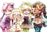  4girls :d ;) aori_(splatoon) black_dress black_gloves black_hair black_shorts blue_hair blue_legwear character_name closed_eyes cowboy_shot dark_skin detached_collar domino_mask dress earrings fingerless_gloves gloves gradient_hair green_legwear hand_on_another's_shoulder hand_on_hip headphones hime_(splatoon) hotaru_(splatoon) iida_(splatoon) jewelry jumpsuit long_hair mask mole mole_under_eye mole_under_mouth multicolored_hair multiple_girls navel_piercing octarian one_eye_closed open_mouth pantyhose pantyhose_under_shorts piercing pink_hair pink_legwear pointy_ears purple_hair purple_legwear rrrpct short_hair short_jumpsuit shorts smile splatoon_(series) splatoon_1 splatoon_2 strapless strapless_dress symbol-shaped_pupils tentacle_hair two-tone_hair white_dress white_gloves white_hair yellow_eyes zipper zipper_pull_tab 