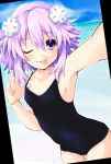  blush breasts covered_navel d-pad d-pad_hair_ornament eyebrows_visible_through_hair hair_ornament iwasi-r looking_at_viewer neptune_(choujigen_game_neptune) neptune_(series) one-piece_swimsuit one_eye_closed purple_eyes purple_hair reaching_out school_swimsuit self_shot short_hair small_breasts smile swimsuit tongue tongue_out 