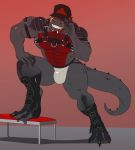  abs anthro baseball_cap belt biceps black_skin bondage_gear bulge claws clothing dinosaur footstool grin hat jockstrap kajy male muscular muscular_male pecs pose presenting red_skin smile solo standing tagg teeth theropod tipping_hat tyrannosaurus_rex underwear 